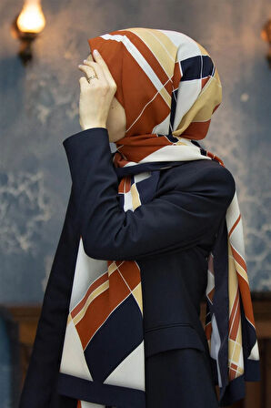 LÜKS MEDİNE İPEĞİ GEOMETRİK DESENLİ TABA RENKLİ 75X195 KIRIŞMAZ ŞAL MOSS KREP DİKİŞ TİPİ İTALYAN DİKİŞLİ