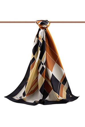 LÜKS MEDİNE İPEĞİ GEOMETRİK DESENLİ TABA RENKLİ 75X195 KIRIŞMAZ ŞAL MOSS KREP DİKİŞ TİPİ İTALYAN DİKİŞLİ