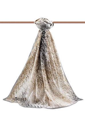 LÜKS MEDİNE İPEĞİ ZİKZAK GEOMETRİK DESENLİ GRİ - BEJ RENKLİ 75X195 KIRIŞMAZ ŞAL MOSS KREP DİKİŞ TİPİ İTALYAN DİKİŞLİ