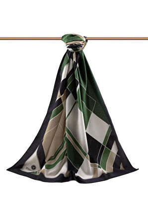 LÜKS MEDİNE İPEĞİ GEOMETRİK DESENLİ ZÜMRÜT YEŞİLİ RENKLİ 75X195 KIRIŞMAZ ŞAL MOSS KREP DİKİŞ TİPİ İTALYAN DİKİŞLİ