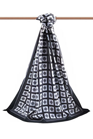 LÜKS MEDİNE İPEĞİ KARE DESENLİ SİYAH - GRİ RENKLİ 75X195 KIRIŞMAZ ŞAL MOSS KREP DİKİŞ TİPİ İTALYAN DİKİŞLİ