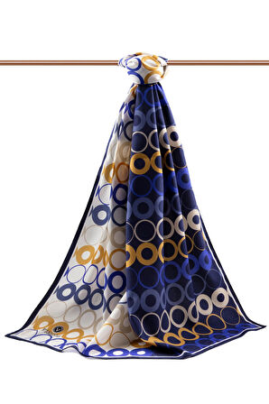 LÜKS MEDİNE İPEĞİ GEOMETRİK DESENLİ LACİVERT RENKLİ 75X195 KIRIŞMAZ ŞAL MOSS KREP DİKİŞ TİPİ İTALYAN DİKİŞLİ