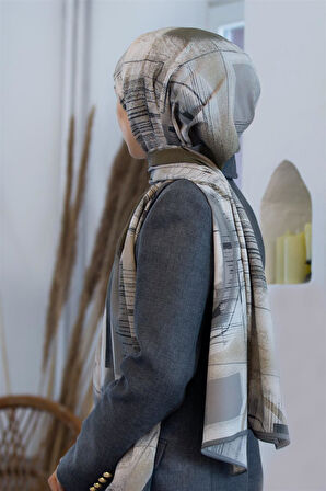 LÜKS MEDİNE İPEĞİ GEOMETRİK DESENLİ GRİ - BEJ RENKLİ 75X195 KIRIŞMAZ ŞAL MOSS KREP DİKİŞ TİPİ İTALYAN DİKİŞLİ