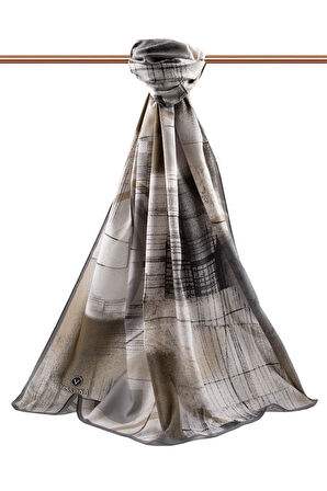 LÜKS MEDİNE İPEĞİ GEOMETRİK DESENLİ GRİ - BEJ RENKLİ 75X195 KIRIŞMAZ ŞAL MOSS KREP DİKİŞ TİPİ İTALYAN DİKİŞLİ