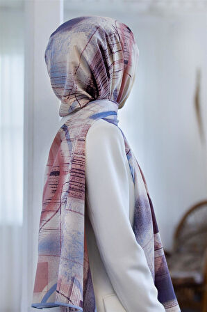 LÜKS MEDİNE İPEĞİ GEOMETRİK DESENLİ BEBE MAVİSİ RENKLİ 75X195 KIRIŞMAZ ŞAL MOSS KREP DİKİŞ TİPİ İTALYAN DİKİŞLİ