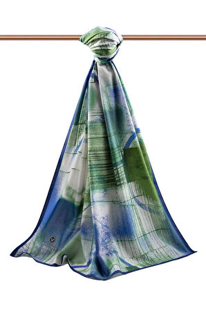 LÜKS MEDİNE İPEĞİ GEOMETRİK DESENLİ SAKS RENKLİ 75X195 KIRIŞMAZ ŞAL MOSS KREP DİKİŞ TİPİ İTALYAN DİKİŞLİ