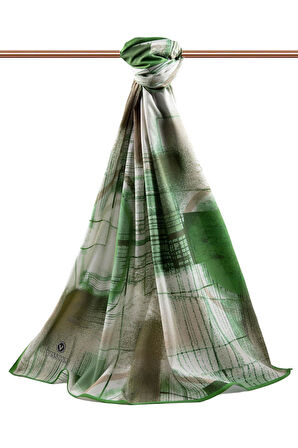 LÜKS MEDİNE İPEĞİ GEOMETRİK DESENLİ ZÜMRÜT YEŞİLİ RENKLİ 75X195 KIRIŞMAZ ŞAL MOSS KREP DİKİŞ TİPİ İTALYAN DİKİŞLİ