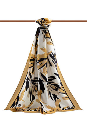 LÜKS MEDİNE İPEĞİ YAPRAK DESENLİ HARDAL RENKLİ 75X195 KIRIŞMAZ ŞAL MOSS KREP DİKİŞ TİPİ İTALYAN DİKİŞLİ