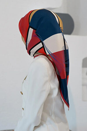 %100 Twill İpek Geometrik Desenli Kırmızı- Lacivert Renkli 90x90 Eşarp Dikim Şekli : El Dikişi