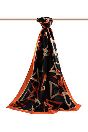 LÜKS MEDİNE İPEĞİ GEOMETRİK DESENLİ TURUNCU RENKLİ 75X195 KIRIŞMAZ ŞAL MOSS KREP DİKİŞ TİPİ İTALYAN DİKİŞLİ