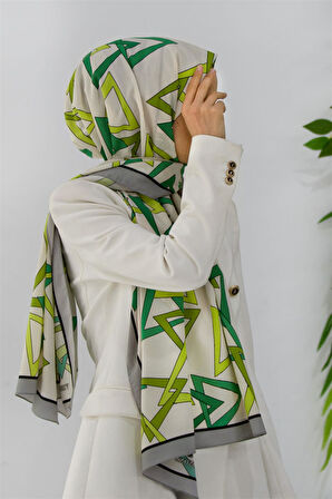 LÜKS MEDİNE İPEĞİ GEOMETRİK DESENLİ FISTIK YEŞİLİ RENKLİ 75X195 KIRIŞMAZ ŞAL MOSS KREP DİKİŞ TİPİ İTALYAN DİKİŞLİ