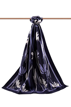 LÜKS MEDİNE İPEĞİ ÇİÇEK DESENLİ LACİVERT RENKLİ 75X195 KIRIŞMAZ ŞAL MOSS KREP DİKİŞ TİPİ İTALYAN DİKİŞLİ