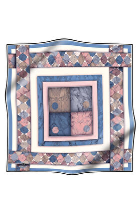 %100 Twill İpek Mermer Efektrli Geometrik Desenli Bebe Mavisi - Pudra  Renkli 90x90 Eşarp Dikim Şekli : El Dikişi