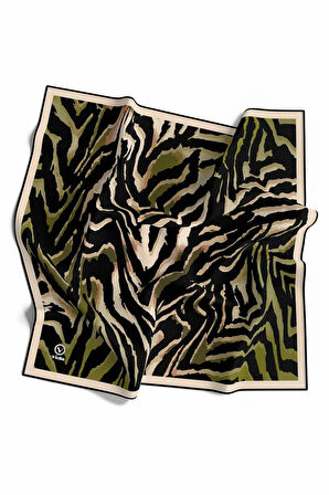 Kristal Zebra Desenli Haki - Siyah Renkli 90x90 Eşarp (İpek İçermez) Kenar Dikiş Şekli El Dikişli