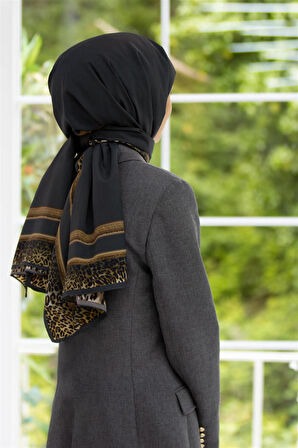 LÜKS MEDİNE İPEĞİ LEOPAR BORDÜR DESENLİ FÜME RENKLİ 75X195 KIRIŞMAZ ŞAL MOSS KREP DİKİŞ TİPİ İTALYAN DİKİŞLİ