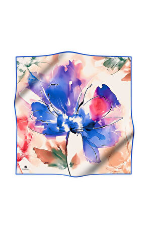 %100 Twill İpek Sulu Boya Çiçek Desenli Saks Renkli 90x90 Eşarp Dikim Şekli : El Dikişi