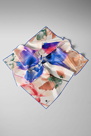 %100 Twill İpek Sulu Boya Çiçek Desenli Saks Renkli 90x90 Eşarp Dikim Şekli : El Dikişi