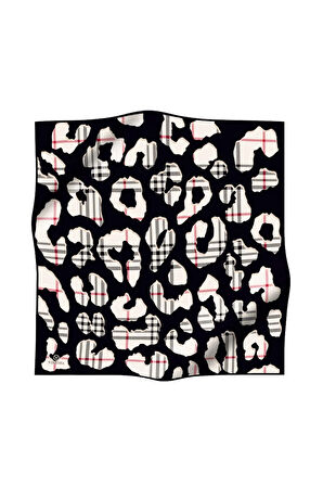 %100 Twill İpek Leopar Desenli Siyah - Krem Renkli 90x90 Eşarp Dikim Şekli : El Dikişi