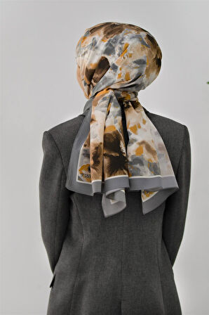 LÜKS MEDİNE İPEĞİ ÇİÇEK DESENLİ GRİ RENKLİ 75X195 KIRIŞMAZ ŞAL MOSS KREP DİKİŞ TİPİ İTALYAN DİKİŞLİ