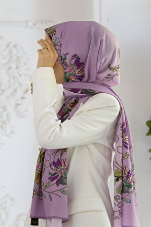 LÜKS MEDİNE İPEĞİ ÇİÇEK DESENLİ LİLA RENKLİ 75X195 KIRIŞMAZ ŞAL MOSS KREP DİKİŞ TİPİ İTALYAN DİKİŞLİ