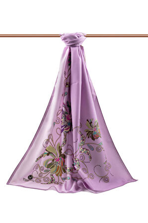LÜKS MEDİNE İPEĞİ ÇİÇEK DESENLİ LİLA RENKLİ 75X195 KIRIŞMAZ ŞAL MOSS KREP DİKİŞ TİPİ İTALYAN DİKİŞLİ