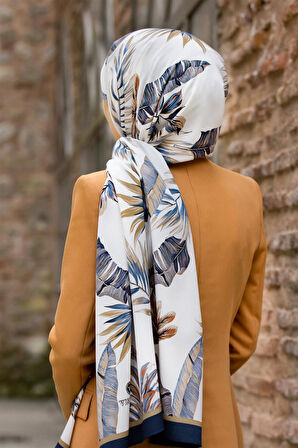 LÜKS MEDİNE İPEĞİ YAPRAK DESENLİ BEJ - LACİVERT RENKLİ 75X195 KIRIŞMAZ ŞAL MOSS KREP DİKİŞ TİPİ İTALYAN DİKİŞLİ