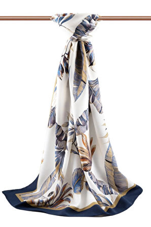 LÜKS MEDİNE İPEĞİ YAPRAK DESENLİ BEJ - LACİVERT RENKLİ 75X195 KIRIŞMAZ ŞAL MOSS KREP DİKİŞ TİPİ İTALYAN DİKİŞLİ