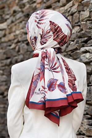 LÜKS MEDİNE İPEĞİ YAPRAK DESENLİ KIRMIZI - İNDİGO RENKLİ 75X195 KIRIŞMAZ ŞAL MOSS KREP DİKİŞ TİPİ İTALYAN DİKİŞLİ