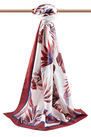 LÜKS MEDİNE İPEĞİ YAPRAK DESENLİ KIRMIZI - İNDİGO RENKLİ 75X195 KIRIŞMAZ ŞAL MOSS KREP DİKİŞ TİPİ İTALYAN DİKİŞLİ