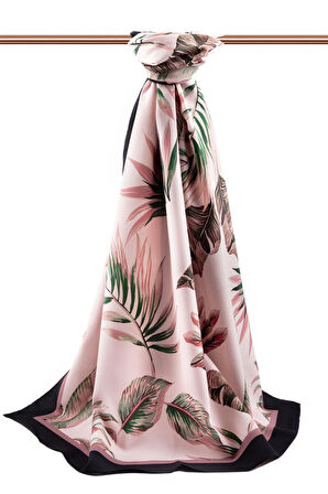 LÜKS MEDİNE İPEĞİ YAPRAK DESENLİ PUDRA - ZÜMRÜT YEŞİLİ RENKLİ 75X195 KIRIŞMAZ ŞAL MOSS KREP DİKİŞ TİPİ İTALYAN DİKİŞLİ