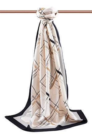 LÜKS MEDİNE İPEĞİ GEOMETRİK DESENLİ BEJ - GRİ RENKLİ 75X195 KIRIŞMAZ ŞAL MOSS KREP DİKİŞ TİPİ İTALYAN DİKİŞLİ