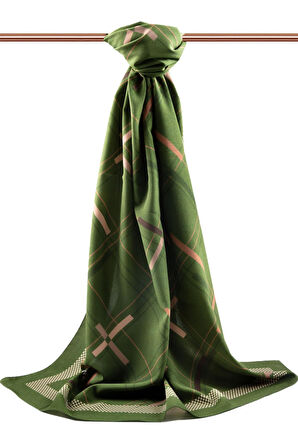 LÜKS MEDİNE İPEĞİ GEOMETRİK DESENLİ ZÜMRÜT YEŞİLİ - BEJ RENKLİ 75X195 KIRIŞMAZ ŞAL MOSS KREP DİKİŞ TİPİ İTALYAN DİKİŞLİ