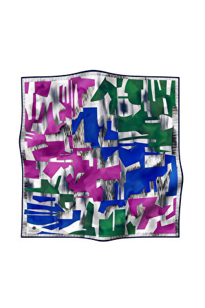 %100 Twill İpek Geometrik Desenli Fuşya - Saks Kabuğu Renkli 90x90 Eşarp Dikim Şekli : El Dikişi