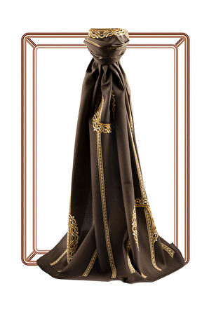 LÜKS MEDİNE İPEĞİ ZİNCİR DESENLİ KAHVERENGİ RENKLİ 75X195 KIRIŞMAZ ŞAL MOSS KREP DİKİŞ TİPİ İTALYAN DİKİŞLİ