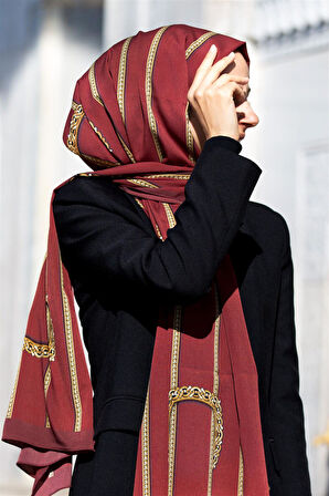 LÜKS MEDİNE İPEĞİ ZİNCİR DESENLİ BORDO RENKLİ 75X195 KIRIŞMAZ ŞAL MOSS KREP DİKİŞ TİPİ İTALYAN DİKİŞLİ