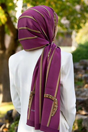 LÜKS MEDİNE İPEĞİ ZİNCİR DESENLİ MÜRDÜM RENKLİ 75X195 KIRIŞMAZ ŞAL MOSS KREP DİKİŞ TİPİ İTALYAN DİKİŞLİ