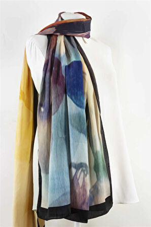 SÜVARİ ŞAL ÇİÇEK DESENLİ GOLD - BEBE MAVİSİ RENKLİ 75X210 ŞAL İTALYAN DİKİŞLİ