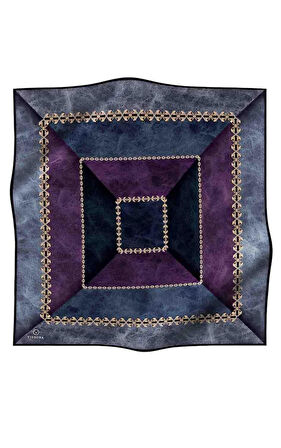 %100 Twill İpek Geometrik Desenli İndigo - Mürdüm Renkli 90x90 Eşarp Dikim Şekli : El Dikişi