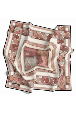 Twill Geometrik Mermer Desenli Somon Renkli 90x90 Eşarp (İpek İçermez) Kenar Dikiş Şekli El Dikişli