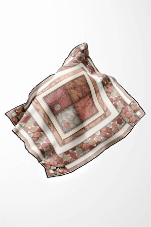 Twill Geometrik Mermer Desenli Somon Renkli 90x90 Eşarp (İpek İçermez) Kenar Dikiş Şekli El Dikişli