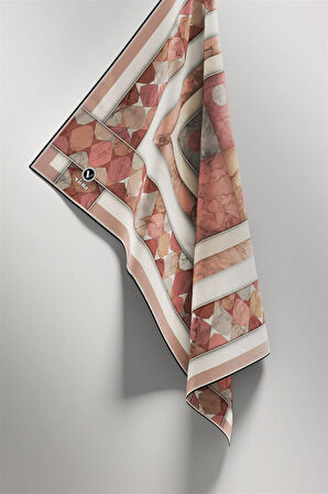 Twill Geometrik Mermer Desenli Somon Renkli 90x90 Eşarp (İpek İçermez) Kenar Dikiş Şekli El Dikişli