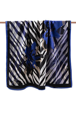 LÜKS MEDİNE İPEĞİ ZEBRA VE ÇİÇEK DESENLİ SAKS RENKLİ 75X195 KIRIŞMAZ ŞAL MOSS KREP DİKİŞ TİPİ İTALYAN DİKİŞLİ