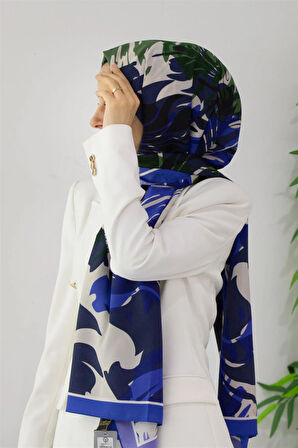 LÜKS MEDİNE İPEĞİ GEOMETRİK DESENLİ SAKS RENKLİ 75X195 KIRIŞMAZ ŞAL MOSS KREP DİKİŞ TİPİ İTALYAN DİKİŞLİ