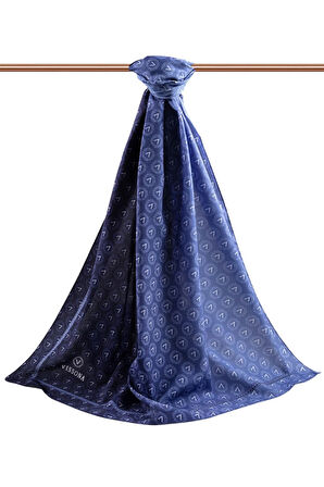 LÜKS MEDİNE İPEĞİ MONOGRAM DESENLİ LACİVERT RENKLİ 75X195 KIRIŞMAZ ŞAL MOSS KREP DİKİŞ TİPİ İTALYAN DİKİŞLİ