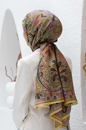 100% İpek Etro Desenli Limon Sarısı - Turuncu Renkli 92x210 Şal