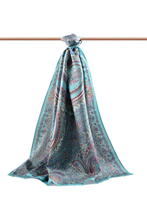 100% İpek Etro Desenli Turkuaz - Pudra Renkli 92x210 Şal