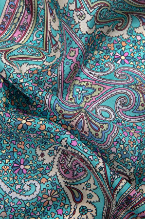 100% İpek Etro Desenli Turkuaz - Pudra Renkli 92x210 Şal