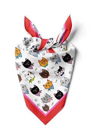 A59 Kadın Kedi Desenli Bandana 50x50 Kırmızı DG0191-22 Snz