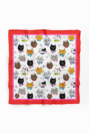 A59 Kadın Kedi Desenli Bandana 50x50 Kırmızı DG0191-22 Snz