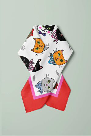 A59 Kadın Kedi Desenli Bandana 50x50 Kırmızı DG0191-22 Snz